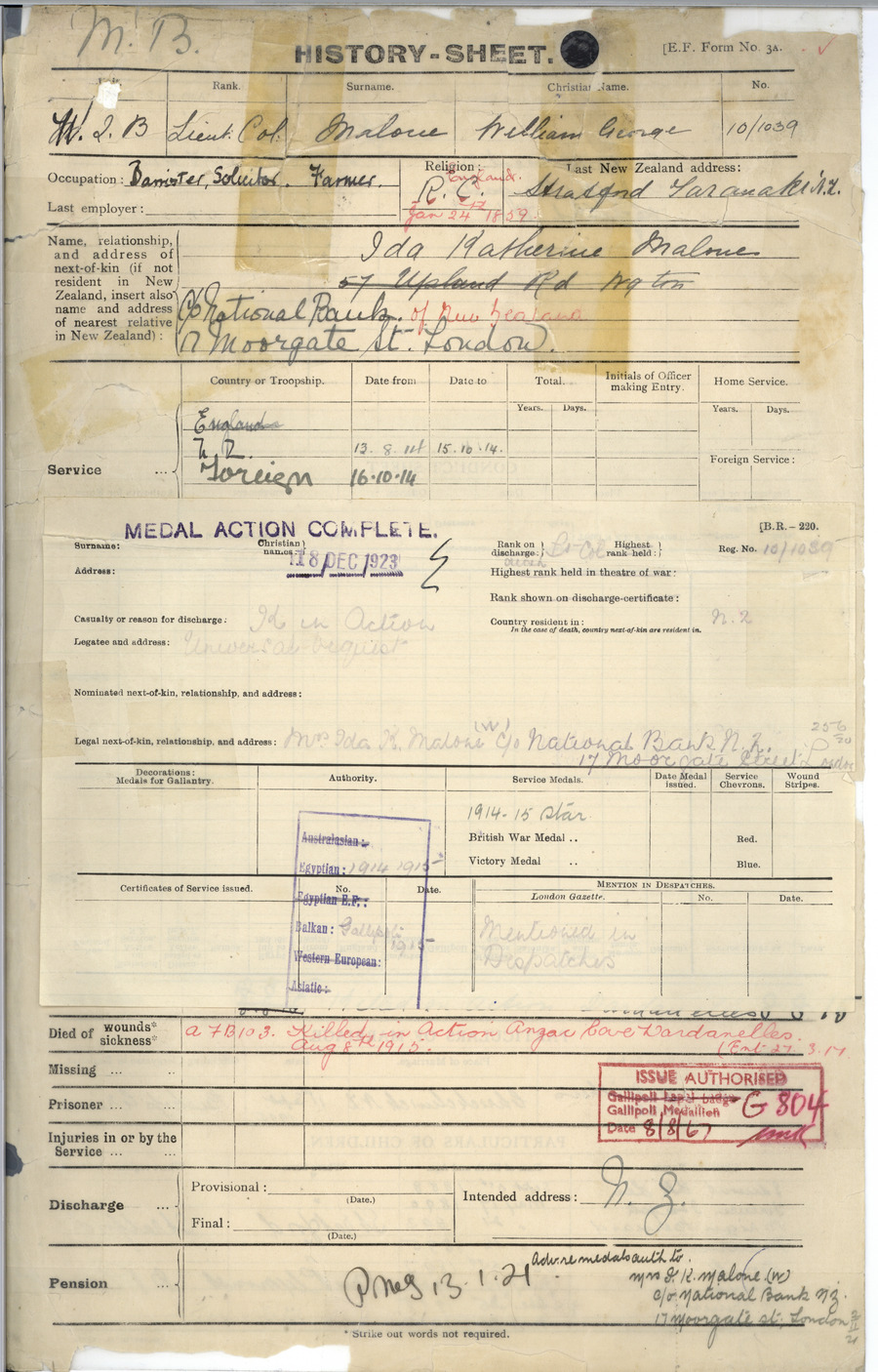 MALONE, William George - WW1 10/1039 - Army 