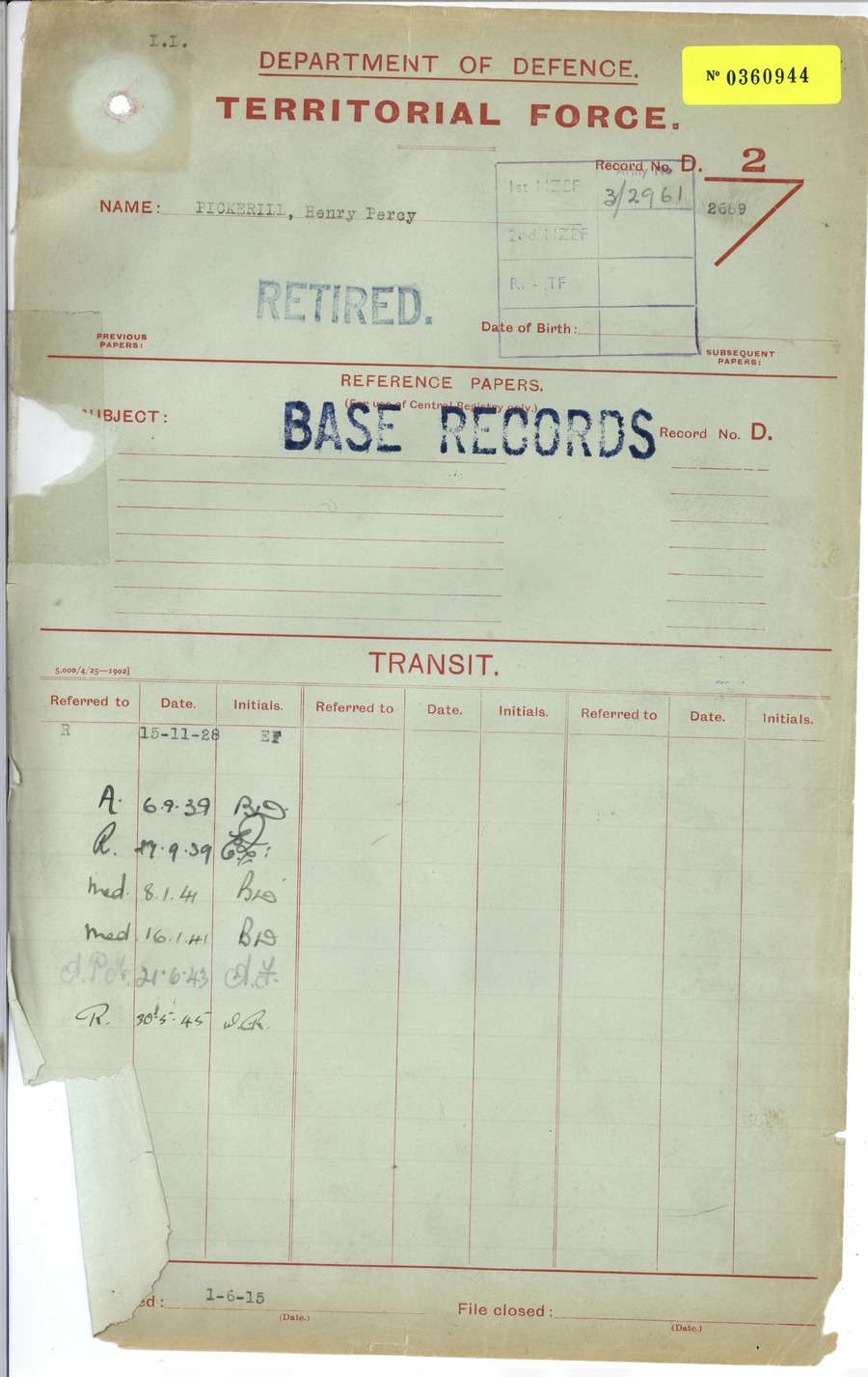 PICKERILL, Henry Percy - WWI 3/2961 - Army