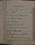 Wong Sing - age 22 - born at Canton - arrived ship 'Mararoa' from Hong Kong via Sydney - certificate issued at Auckland 27/07/1903