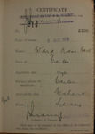 Wong Kam How - age 11 - born at Canton - arrived ship 'Maheno' from Sydney - certificate issued at Auckland 3/08/1920