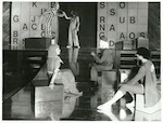 Title:
Drama

Publicity Caption:
Scene during the Yegeveny Schwartz play "The Dragon" produced by Downstage Theatre.  L-R, Ken Blackburn, John Banas;  Frong L-R, Catherine Wilkin, John Reid, Rex Merrie.

Photographer:
Nicholson.