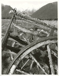 Title:
Agriculture - Machinery

Publicity Caption:
Old derelict dray on Fox Glacier flats, Mt. Tasman and Mt. Cook (at right) in background

Photographer:
M. Berthold