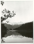 Title:
Westland - Matheson, Lake

Publicity Caption:
Lake Matheson, Mt. Tasman (at left) together with Mt. Cook (at right) mirrored in the reflections of the Lake

Photographer:
M. Berthold
