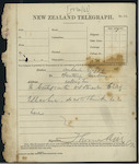 Thomas Hill, Collector of Customs, Auckland - W S Stuart of "Craig Ellachie" - re his certificate being delayed - Collector does not think he is in Auckland. Telegram to Secretary